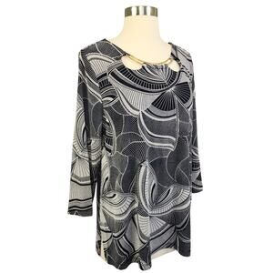 Chicos Travelers Womens Tunic Blouse Size Medium Navy Blue White Print Gold Neck